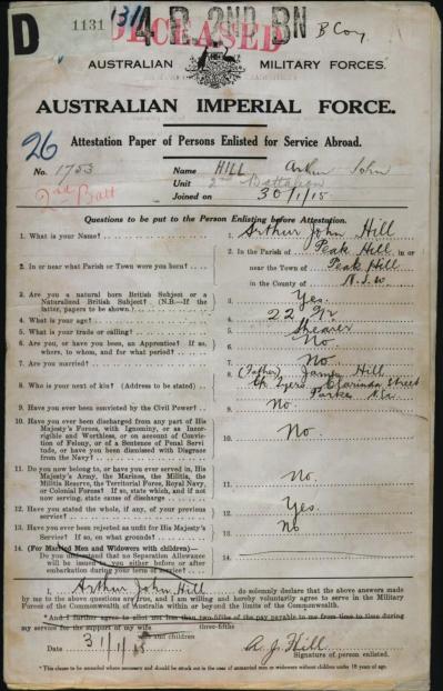 Enlistment Form of AJ Hill
