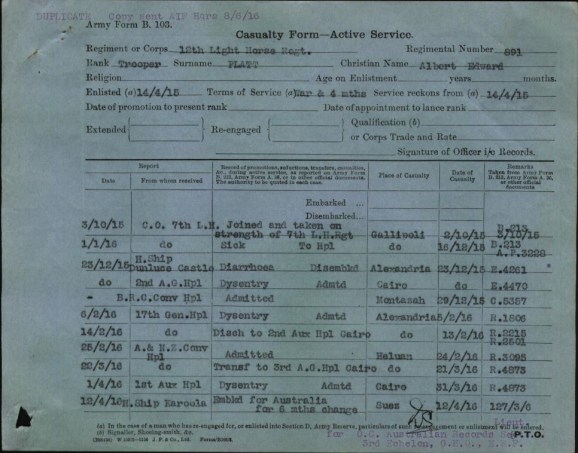 Albert Platt's Casualty Form - Active Service