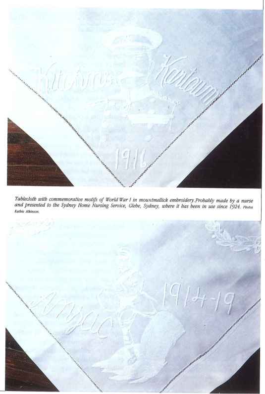 Photograph of a tablecloth with commemorative motifs of World War I in montmellick embroidery from The Gentle Arts: 200 Years of Australian Women's Domestic & Decorative Arts by Jennifer Isaacs (1987) Willoughby: Lansdowne Press p159. Print