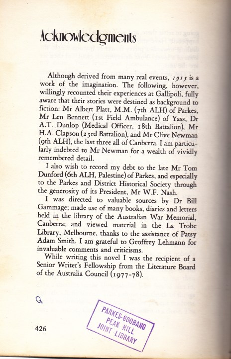 Acknowledgement from 1915 author Roger McDonald of the help that Bert Platt, along with others from Parkes, were in the writing of his novel