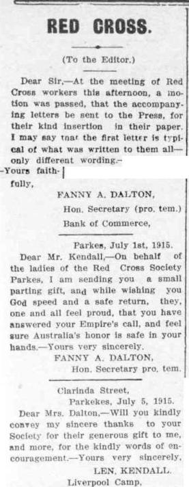 Letter from Parkes Red Cross Society showing the pride in men who were answering the King's call