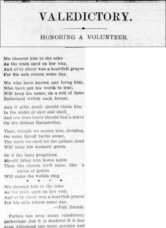 National Poem showing the pride reserved for those who volunteered to enter service. Accompanying article also shows how far and wide people would travel to send-off those who had enlisted