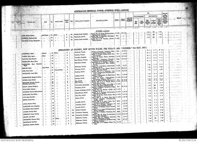 Isobel Rose Smith listed on Nominal Roll for Embarkation on board HMAT A38
