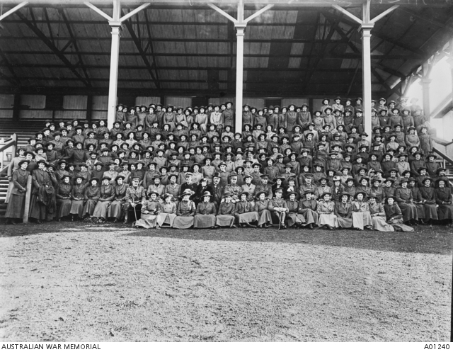 Group portrait of Australian Army Nursing Service (AANS) sisters from Qld, NSW, Vic, Tas, and SA, bound for Salonica, Greece on the RMS Mooltan