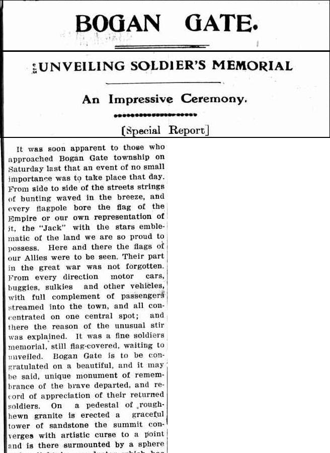 Grace Tomlinson mentioned in the unveiling of Bogan Gate's memorial