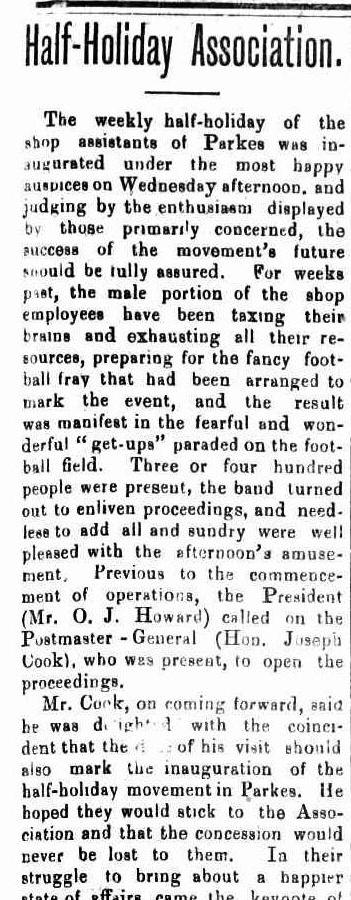 Football AND fancy-dress? This was a celebration for all the shop assistants who were granted a half-day holiday on Wednesday each week. The inaugural meeting of the Half-Holiday Association was spent at People's Park with fancy-dress football and afternoon tea.