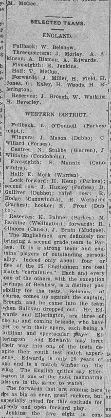 List of the players for the upcoming England rugby league team vs Far West. Included are several Parkes players Source: The Champion-Post Wednesday, June 3 1936, Microfilm Collection, Parkes Shire Library