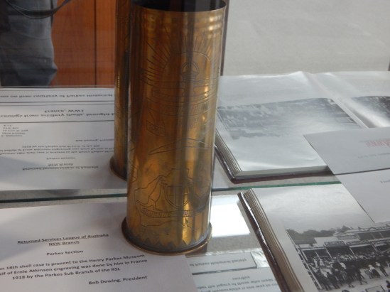 Private Ernie Atkinson engraved this German shell and gave it to Parkes Historical Society after his return to Parkes. While the detail doesn't show up brilliantly in the photograph, the engraving has been skilfully performed. Item on loan courtesy of Parkes Historical Society.