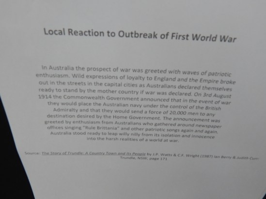 DSCN4162Reproduction from The Story of Trundle: A Country Town and its People by Janice P Watts and Chas F Wright. Copies of this book can be found in Parkes Library, Trundle Library, Tullamore Library and a reference copy in the Family & Local History room. To read more about the local reaction to outbreak of First World War here http://wp.me/p5OClA-1y 