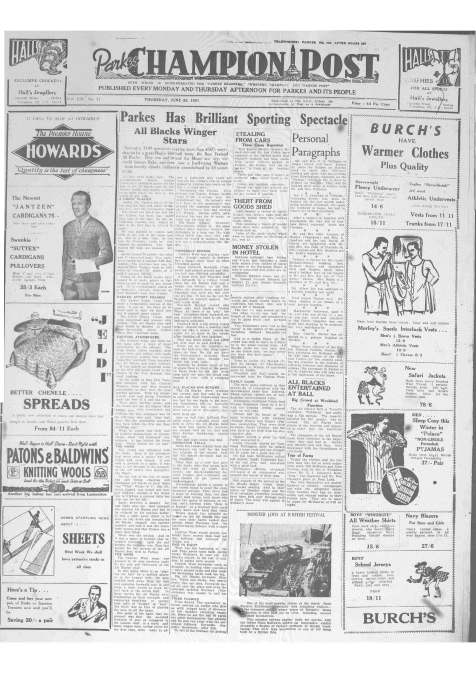 Front page of Parkes Champion Post Thursday June 28, 1951 reporting of the All Blacks visit to Pioneer Oval