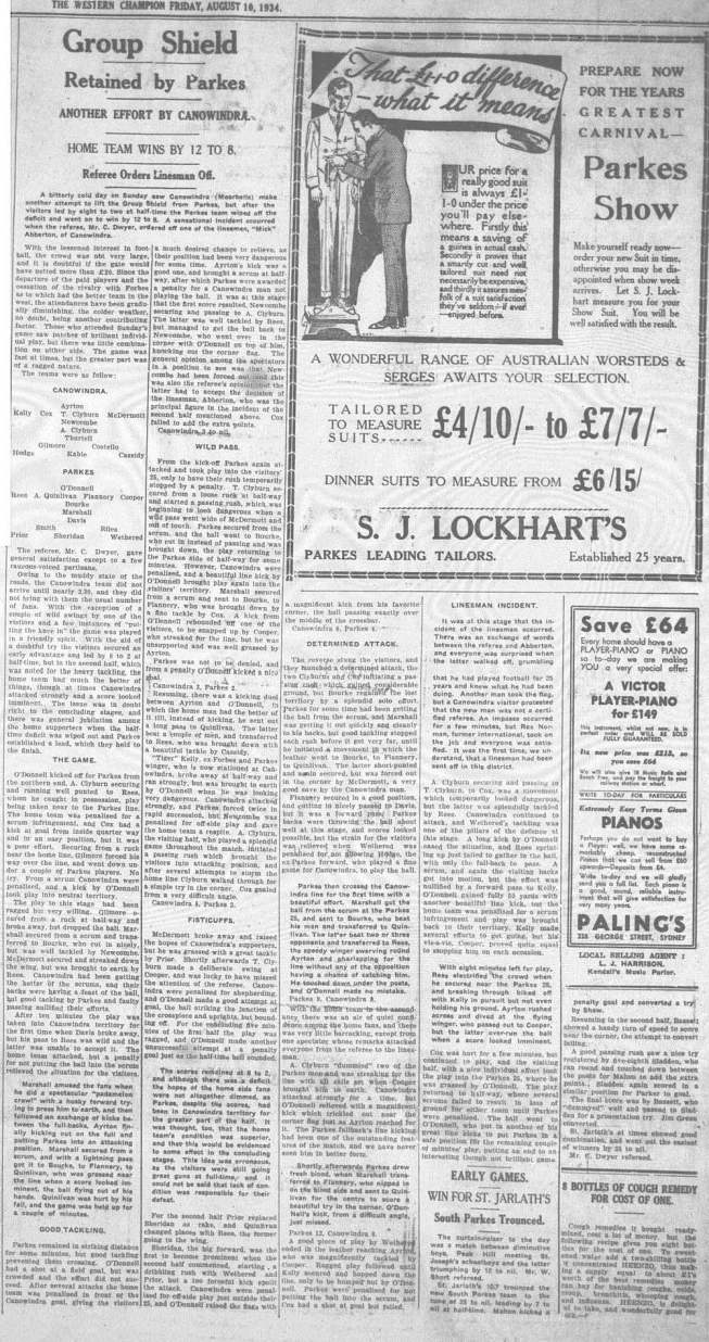 Known as a fair and excellent referee, Charlie Dwyer was also a man of principles and not afraid to stick to those principles even if it resulted in extraordinary outcomes. This report, from Western Champion Friday 10 August 1934, states that Dwyer sent off one of his linesmen!