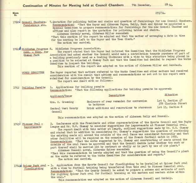 Council minutes reporting further improvements to Pioneer Memorial Oval