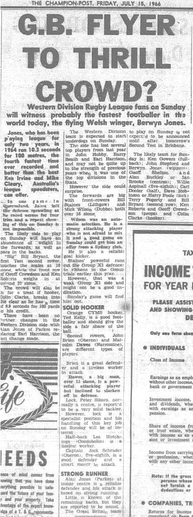 Article on Welsh winger, Berwyn Jones. Source: The Champion Post Friday July 15 1966