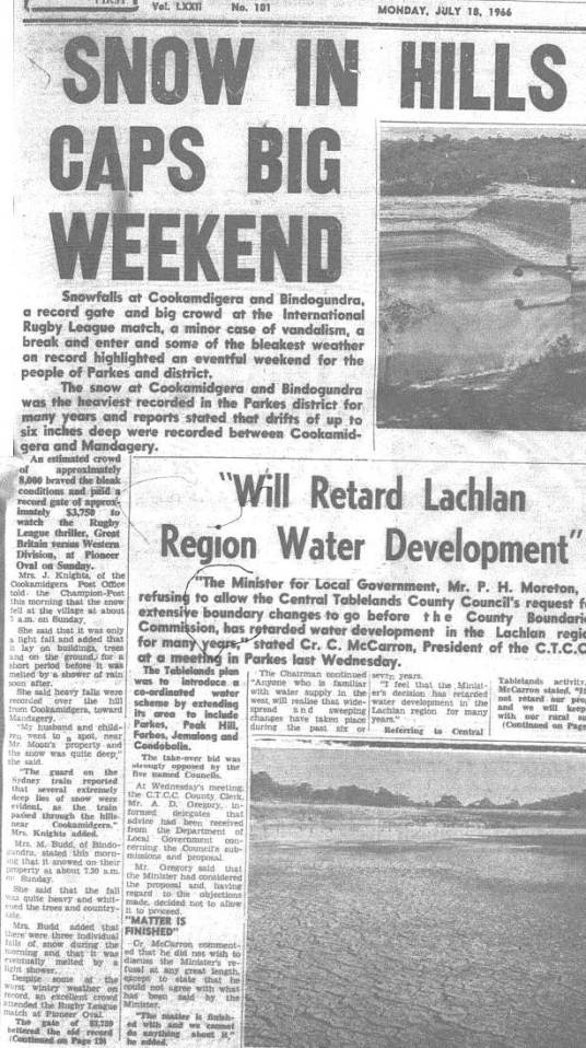 Snow in the hills surrounding Parkes, conditions that Great Britain would have been more used to seeing than their hosts, Western Districts. Source: The Champion Post Monday July 18 1966