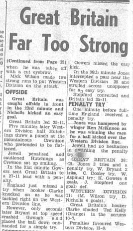Second part of a match report of Western Districts vs Great Britain. Source: The Champion Post Monday July 18 1966