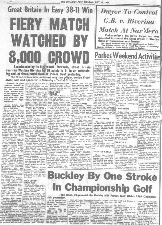 First part of a match report of Western Districts vs Great Britain. Source: The Champion Post Monday July 18 1966