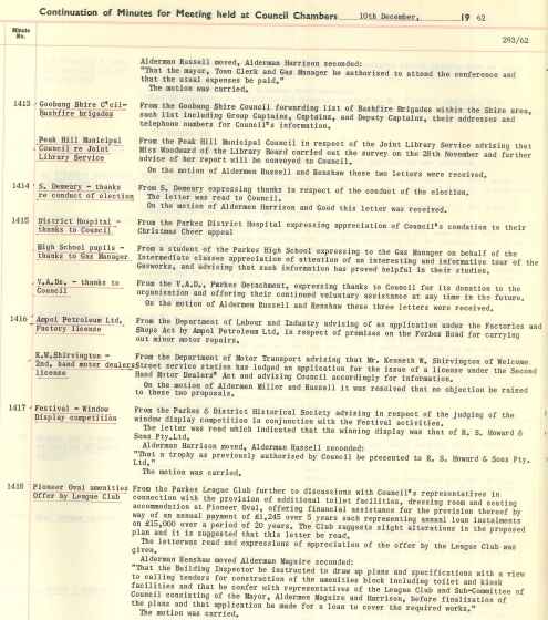 Council minutes showing the improvements to amenities at Pioneer Oval. Source: Parkes Municipal Council Meeting Minutes 10th December 1962 Number 1418