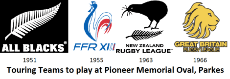 Logos of the touring teams to play at Pioneer Memorial Oval in the 1950s and 1960s