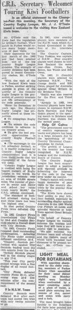 President of Country Rugby League extending his welcoming to the Kiwis team representatives. Source: The Champion Post Wednesday May 22 1963