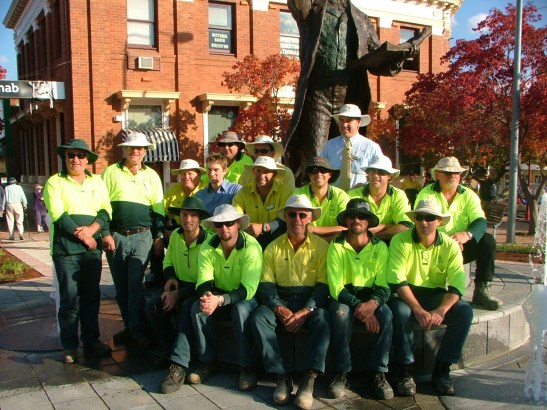 The team of Parkes Shire Council staff responsible for the redevelopment and unveiling of Chamberlain Square and Sir Henry Parkes statue.Back row (left to right): Terry Littler, Dale Ingram, Phil King (Manager Design and Traffic). Middle row: Dean Uptin, Greg Duffy, Geoff Finn, Nathan Koenig, Greg Jones, Ricky Newham, Aaron Thorne, Grahame Coleman. Front row: Jon Nyman, Andrew Klein, Phil Bishop, Ben Millett, Neville Slavin. Photograph by Parkes Shire Council,May 12th 2008