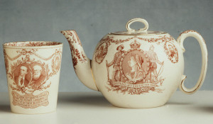 Henry Parkes features prominently in a host of Federation collectables, including this teapot and beaker from Powerhouse Museum Collection