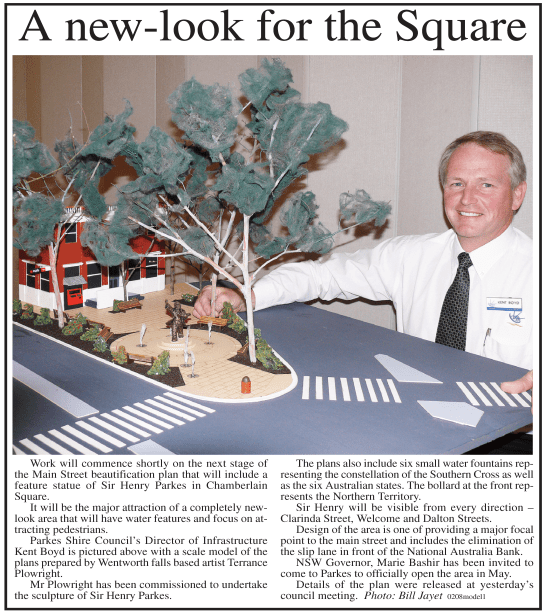 Still in the planning stage, this was a view of what Chamberlain Square would look like once the transformation and addition of Sir Henry Parkes statue were completed. Source: Parkes Champion Post Wednesday 20 February, 2008