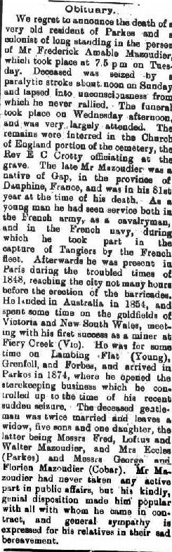 Obituary of Frederick Amable Mazoudier, storekeeper of Parkes. Source: The Western Champion Friday 20th July, 1906