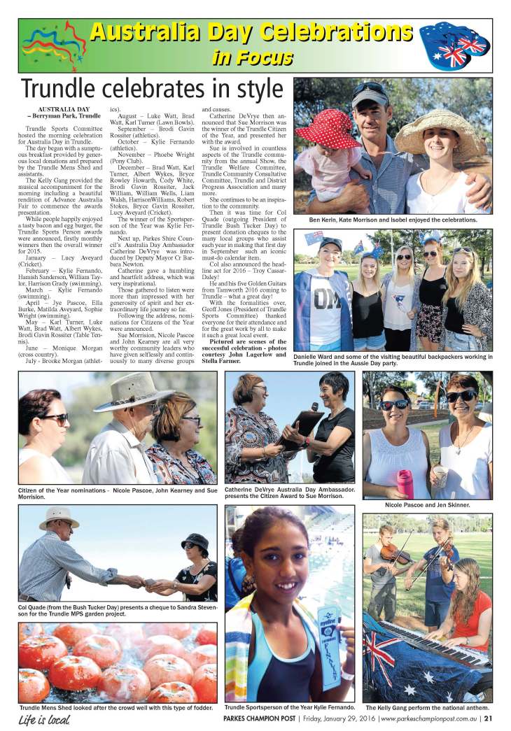 Berryman Park is the venue for Trundle's Australia Day celebrations. Source: Parkes Champion Post Friday, January 29, 2016 page 21