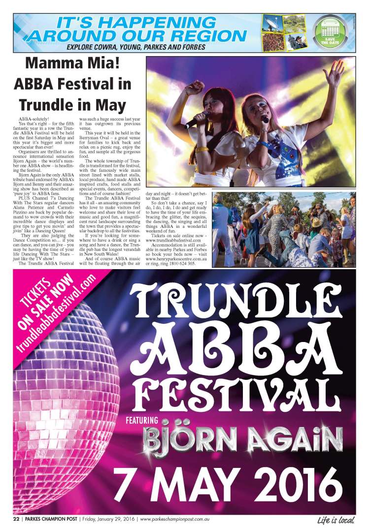 From 2016 Berryman Park will host Trundle's ABBA Festival - a highlight on the social calendar in the Parkes Shire! Source: Parkes Champion Post Friday, January 29, 2016 page 22