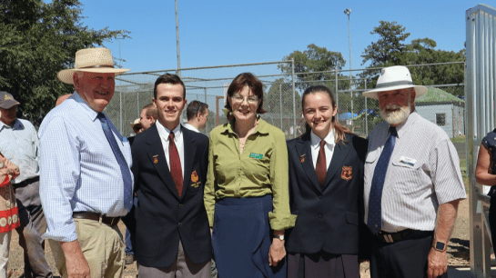 Trundle Central School's 2019 Captains - reslpendent in their uniform - accompanying the honoured guests at the opening of Berryman Oval's upgrades are (left to right): Hon. Rick Colless MLC, Harrison Williams (TCS School Captain), Kate Hazelton (Nationals Candidate for Orange), Monique Morgan (TCS School Captain), and Cr Ken Keith OAM. Photograph taken by Katrina Dwyer (Parkes Shire Council) on February 21, 2019.