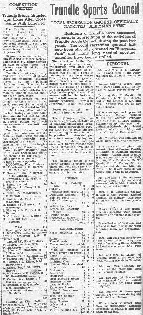 Trundle Sports Council announces that recreation ground will be called Berryman Park. Also Trundle Cricket Club wins the Grinsted Cup. Source: The Trundle Star Friday March 5, 1954