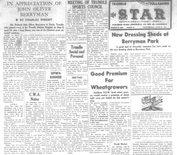 Several articles paying tribute to the late Oliver Berryman and his work for the community. Source: Trundle Tullamore Star Wednesday June 14, 1972 page 5