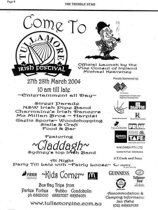 Advertisement for the inaugural Tullamore Irish Festival. Source: The Trundle Star 17th March 2004 page 8
