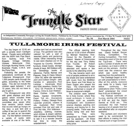 Report on the inaugural Tullamore Irish Festival. Over 1,000 people attended - not including children under 10 years old. Source: The Trundle Star 31st March 2004, page 1