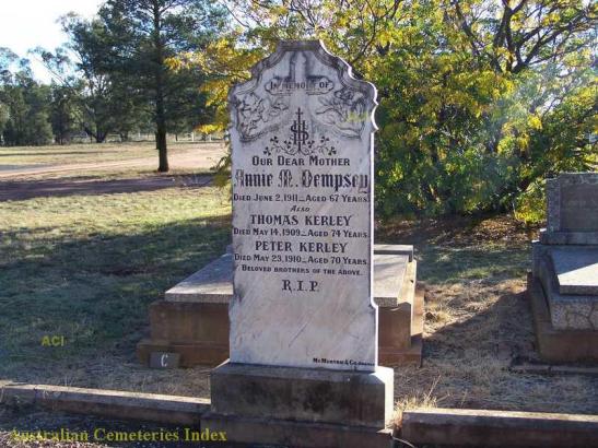 Headstone inscription for the influential Kerley brothers. Originally from Tullamore, Ireland, they settled in Tullamore, New South Wales after learning farming in Kathungra in Victoria. They are buried in Trundle Cemetery. Source: Australian Cemeteries Index website