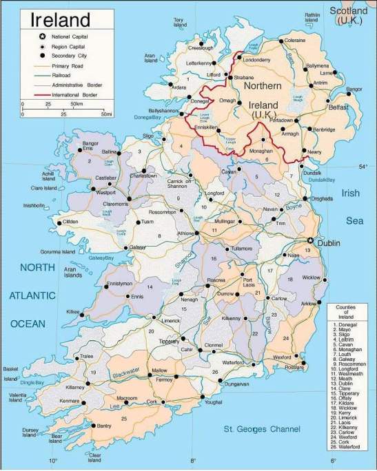 Map of the counties of Ireland. County Offaly is sixteen (16) and its main town, Tullamore, is located close to the centre of the map. Source: Irish English Resource Centre https://www.uni-due.de/IERC/maps_of_ireland.htm