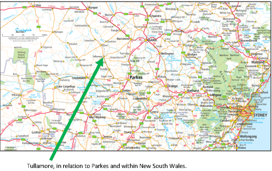 Map of most of Australian state, New South Wales. Tullamore (arrow added by historyparkes.org) is shown in relation to Parkes and other major towns and cities in NSW. Source: www.localguidesigns.com.au