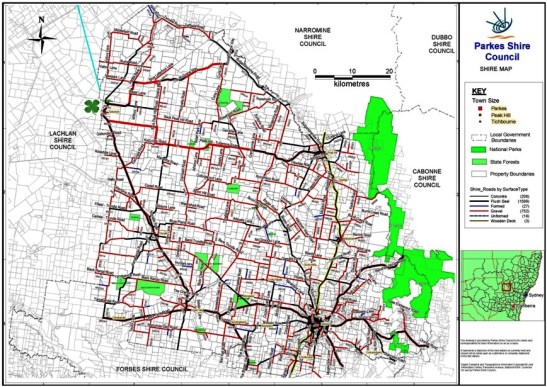 A map of the Parkes Shire detailing the location of Tullamore in relation to the Shire. The green shamrock shows where Tullamore is located Source: Parkes Shire Council