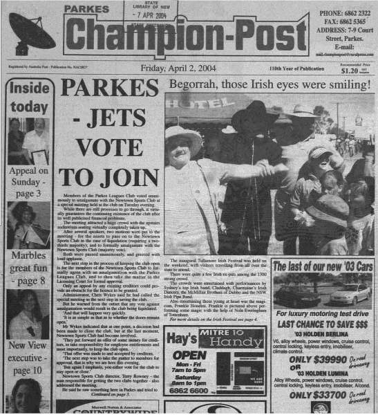 The inaugual Tullamore Irish Festival was front page news on the Parkes Champion Post too. Source: Parkes Champion Post Friday April 2, 2004