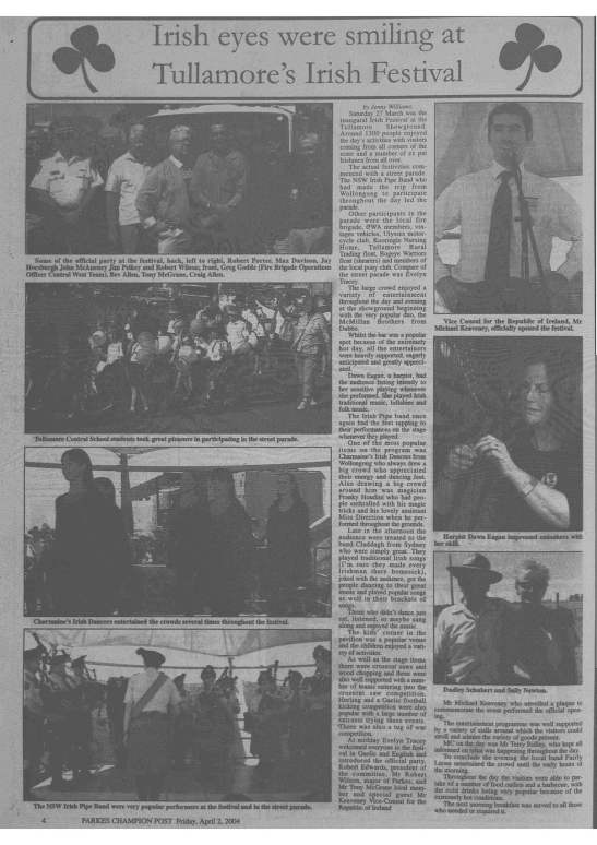 Special feature on the inaugural Tullamore Irish Festival. Source: Parkes Champion Post Friday April 2, 2004 page 4