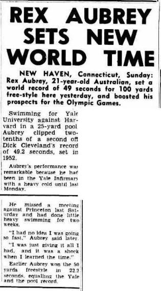 Just four years after competing in his first Olympics, Rex Aubrey became the world record holder for 100 yards freestyle. Source: Trove