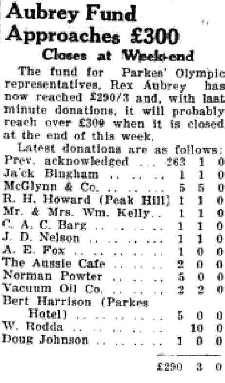 Amateur athletes, such as those in 1952, needed to raise their own funds to be able to travel to Olympic Games. While Parkes Shire residents had raised funds for previous Australian teams attending the Olympic Games, this time one of their own was competing. Tables such as the one shown were regular features in the lead up to the Helsinki Games, with many individuals and businesses supporting Rex in particular. Source: Parkes Champion Post June 12 1952