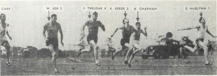 Edward "Ted" McGlynn winning the 100 yards at the State championships on December 20, 1952. McGlynn was competing against experienced Olympians Trleloar and Carr, plus other athletics champions such as Solomon, Reede, Chapman and Job. Source: Parkes: 100 Years of Local Government by Ron Tindall (editor) (1983) Griffin Press Limited: Netley, South Australia, page 303