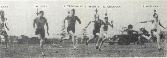 Edward "Ted" McGlynn winning the 100 yards at the State championships on December 20, 1952. McGlynn was competing against experienced Olympians Trleloar and Carr, plus other athletics champions such as Solomon, Reede, Chapman and Job. Source: Parkes: 100 Years of Local Government by Ron Tindall (editor) (1983) Griffin Press Limited: Netley, South Australia, page 303