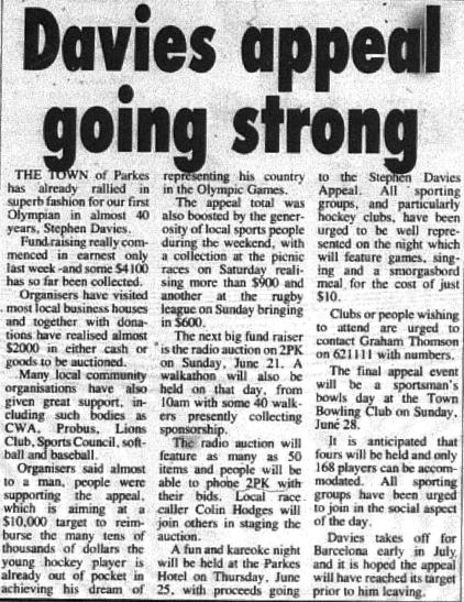 The community spirit of the Parkes Shire again was demonstrated when news of Stephen Davies' selection to the Kookaburras for 1992 Barcelona Olympics. Source: Parkes Champion Post Friday June 12, 1992