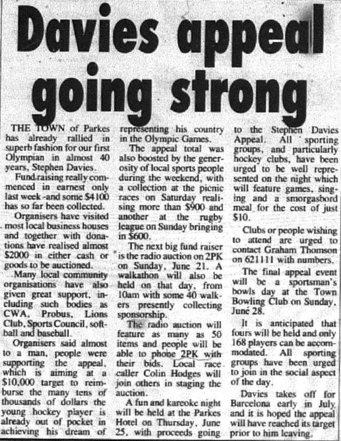 The community spirit of the Parkes Shire again was demonstrated when news of Stephen Davies' selection to the Kookaburras for 1992 Barcelona Olympics. Source: Parkes Champion Post Friday June 12, 1992