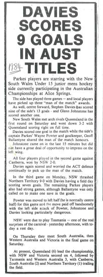 Another newspaper clipping highlighting Stephen's goal-scoring touch! Again Parkes players dominate the headlines with Glenn Johnstone, Wayne Powter and Geoff Ballantyne accompanying Davies in receiving accolades. Photograph courtesy of John and Brenda Davies