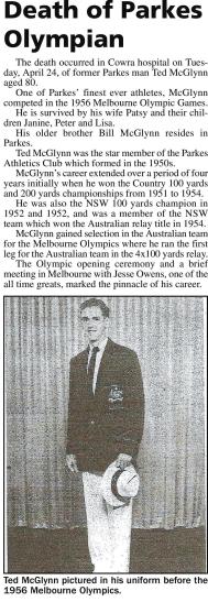 Tribute to one of Parkes Shire's finest athletes, Edward "Ted" McGlynn. Source: Parkes Champion Post Wednesday May 2 2012, page 5
