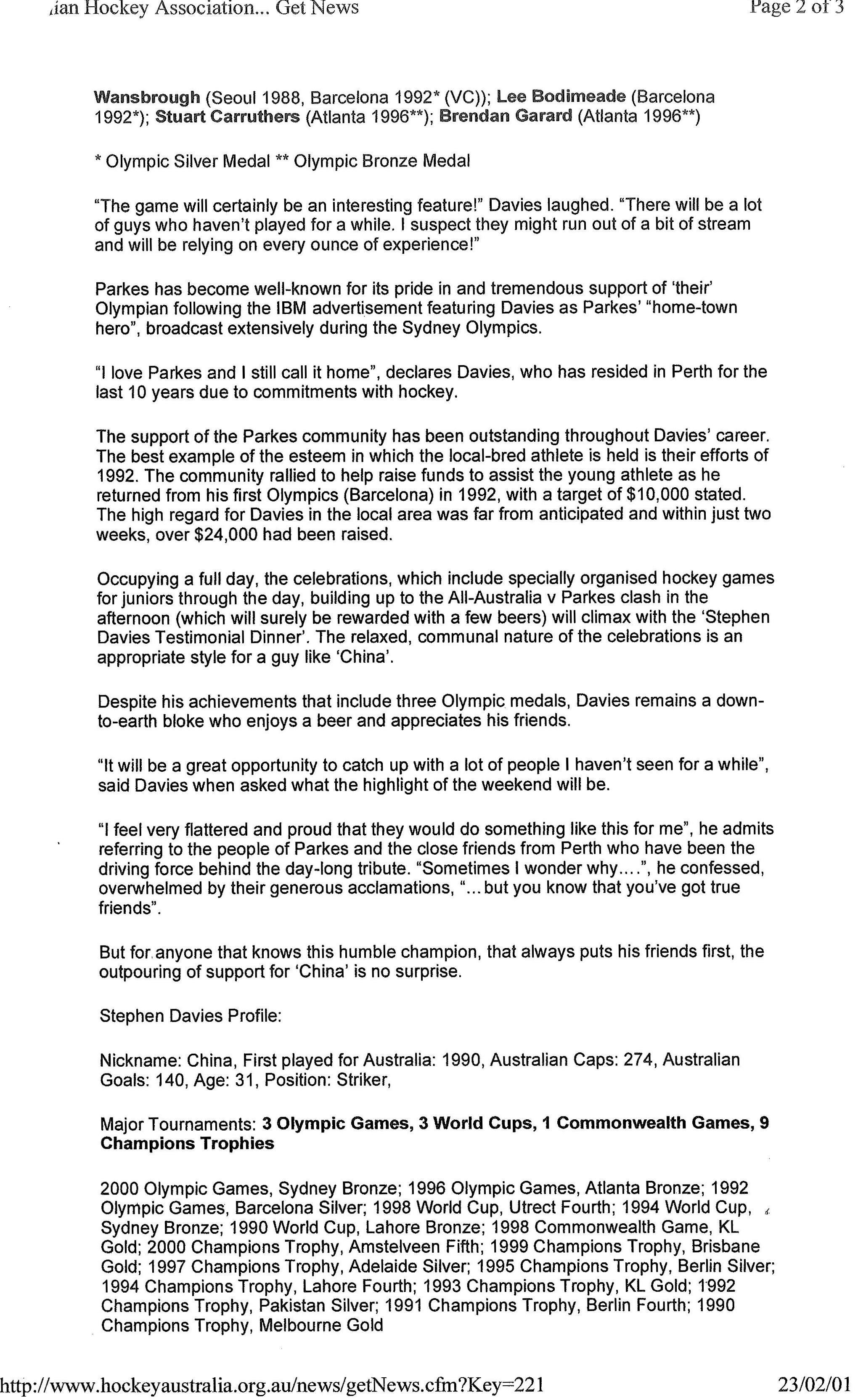 Another collection from Davies' scrapbook. This is a printout from a now defunct url on the Hockey Australia website. Photograph courtesy of John and Brenda Davies