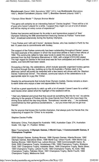 Another collection from Davies' scrapbook. This is a printout from a now defunct url on the Hockey Australia website. Photograph courtesy of John and Brenda Davies